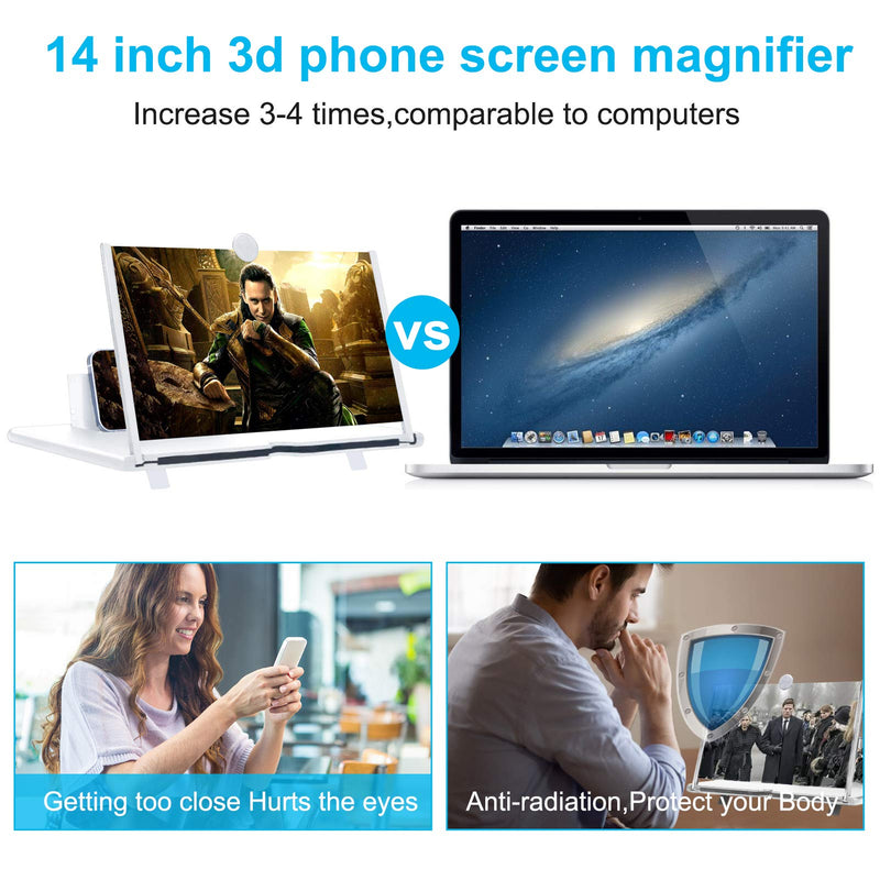 [AUSTRALIA] - 14” Phone Screen Magnifier,3D HD Screen Projector with Foldable Stand Holder,Cellphone Screen Amplifier for Movies,Videos,Gaming and Readings,Compatible with All Phones (White) White