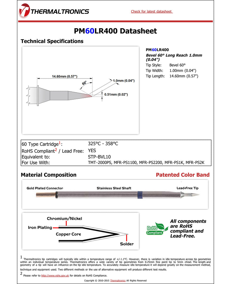  [AUSTRALIA] - Thermaltronics PM60LR400 Bevel 60deg Long Reach 1.0mm (0.04in) interchangeable for Metcal STP-BVL10