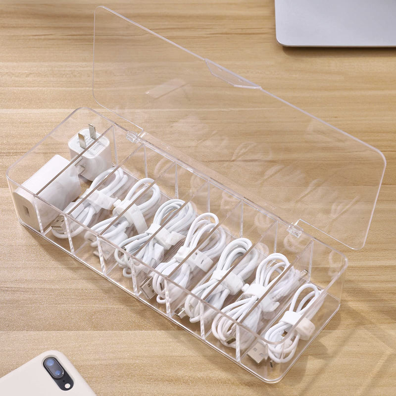  [AUSTRALIA] - Yesesion Plastic Cable Management Box with Lid and 10 Wire Ties, Portable Clear Power Cord Organizer with 8 Compartments, Electronics Organizer Desk Accessories Storage for Office, Stationery Supplies Type B