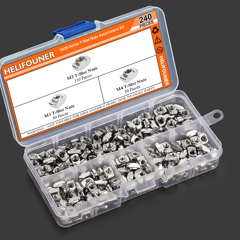  [AUSTRALIA] - HELIFOUNER 240 Pieces 2020 Series T Nuts, M3 M4 M5 T Slot Nut Assortment Kit M3 M4 M5 (240 PCS)