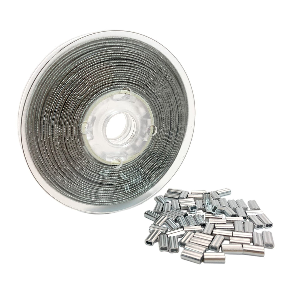  [AUSTRALIA] - 1 roll 1.0mm Picture Hanging Wire(100-Feet) and 60Pcs Aluminum Sleeves,Hanging Wire Has 7×7 Strands of 304Stainless Steel Wire Rope Wound Up, Supports Up to 35lbs，for Frame Picture, Mirror Hanging 1.0mm wire-100feet