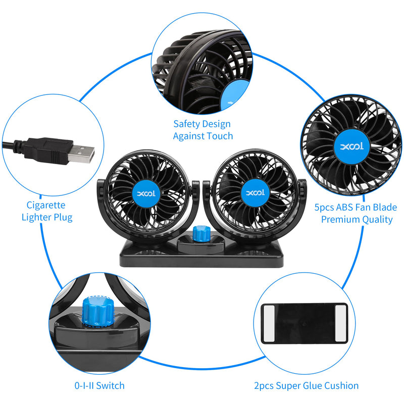  [AUSTRALIA] - XOOL Car Fan, USB Portable Cooling Air Fan for Car, 360 Degree Rotatable Dual Head Desk Fans with 2 Speed Strong Wind for Dashboard SUV, RV, Vehicles, Boat, Home & Office - USB Powered Dual Head USB Plug