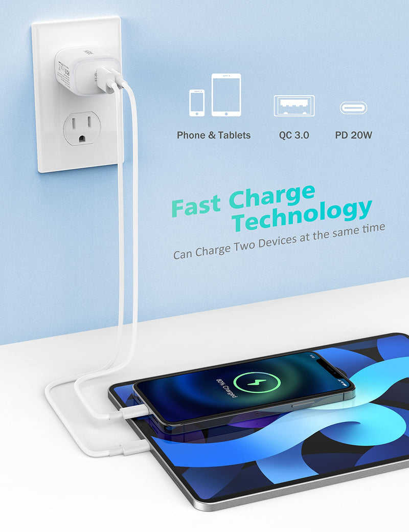  [AUSTRALIA] - USB-C-Wall-Charger, Fast-Charger for iPhone-13, 12, KRX Upgraded Dual Ports Compact Fast Charger Adapter, Portable Travel Home USB Plug Cube with PD 20W and QC 3.0 for Android Phones, Tablet, Laptop