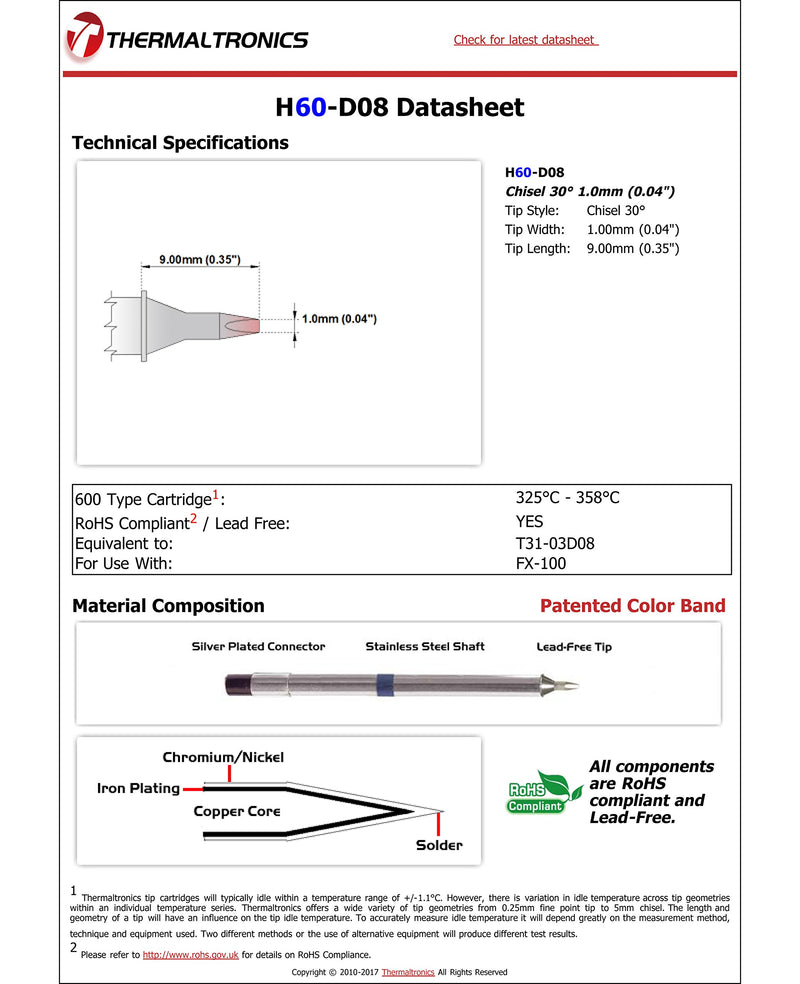 [AUSTRALIA] - Thermaltronics H60-D08 Chisel 30deg 1.0mm (0.04in) interchangeable for Hakko T31-03D08