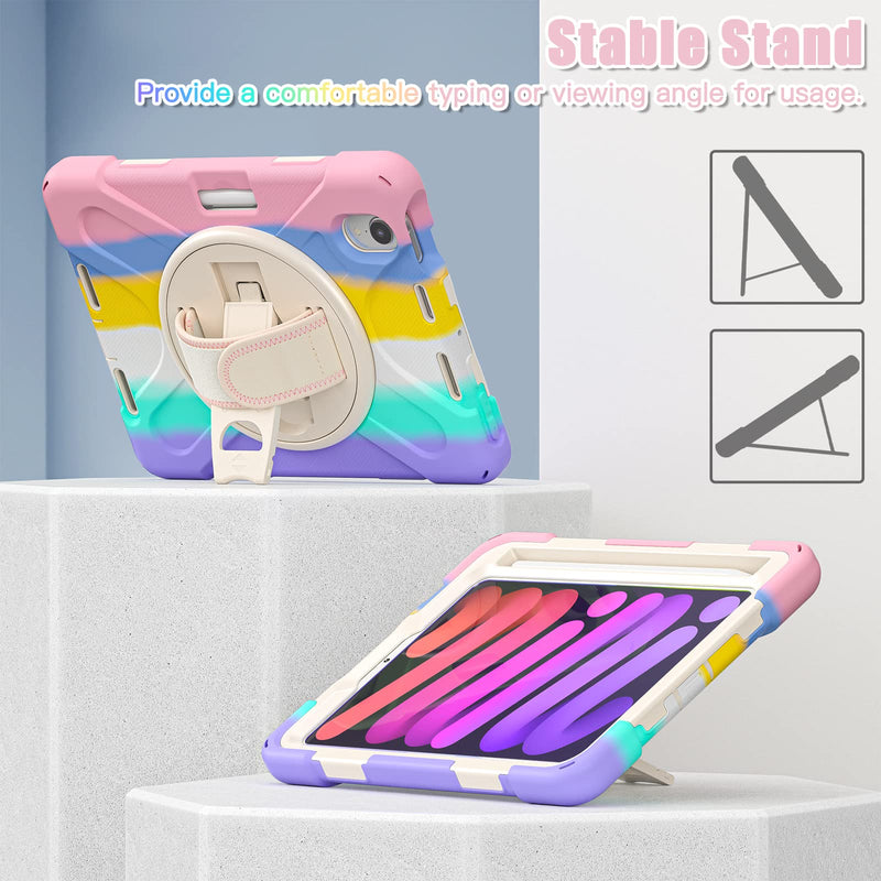  [AUSTRALIA] - TSQQST iPad Mini 6 Case 8.3 Inch 2021 for Kids Girls Toddlers Women Rainbow Pink Cute |iPad Mini 6th Generation Case Rugged Shockproof Cover w/Screen Protector Pencil Holder Stand Hand Shoulder Strap colorful pink