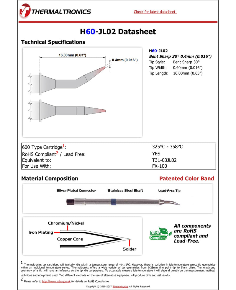  [AUSTRALIA] - Thermaltronics H60-JL02 Bent Sharp 30deg 0.4mm (0.016in) interchangeable for Hakko T31-03JL02