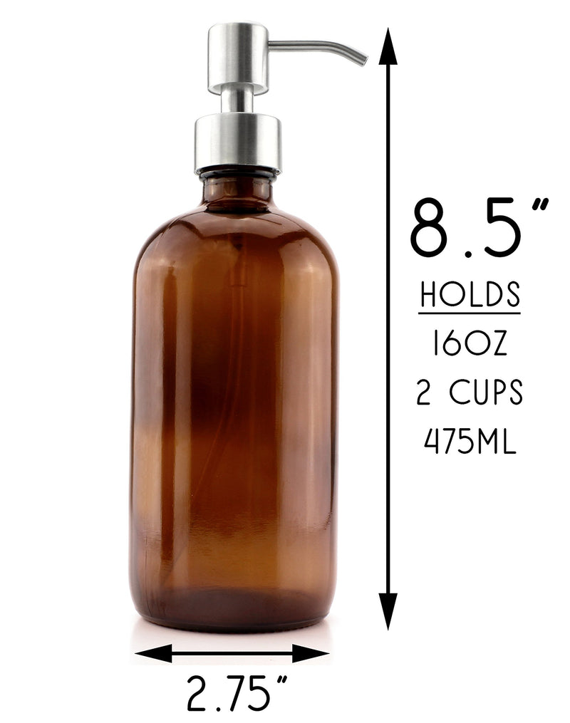 Cornucopia 16-Ounce Amber Glass Bottles w/Stainless Steel Pumps (2-Pack); Lotion & Soap Dispenser Brown Boston Round Bottles for Aromatherapy, DIY, Home & Kitchen - LeoForward Australia