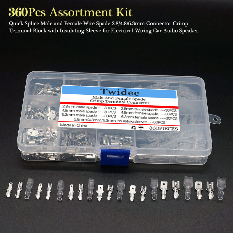  [AUSTRALIA] - Twidec/360Pcs 2.8/4.8/6.3mm Quick Splice Male and Female Wire Spade Connector Crimp Terminal Block Assortment Kit with Insulating Sleeve for Electrical Wiring Car Audio Speaker 1-Spade Connector