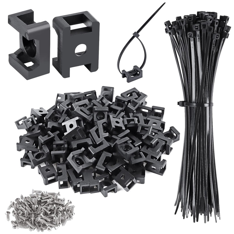  [AUSTRALIA] - XHF 100 Pcs Cable Zip Tie Saddle Type Mounts Base with 100 Pcs 8" Cable Ties and 100 Pcs Tapping Screw, Wire Cable Clips Organizer Holders Clamps Black 0.6 inch