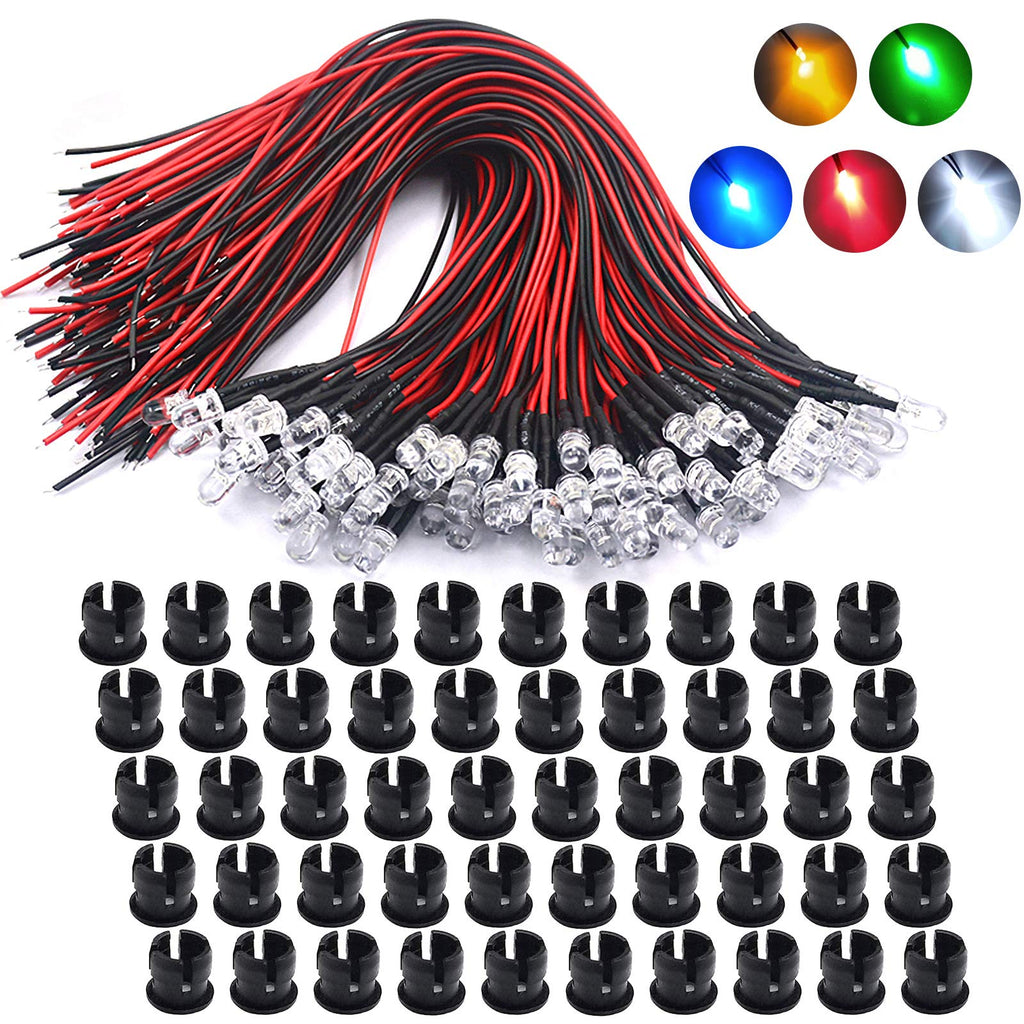  [AUSTRALIA] - 50 pieces pre-wired mini LED light diodes 5 mm DC 12 V set, LED diode model building lighting, multi-coloured white, red, blue, green, yellow Lewttyer