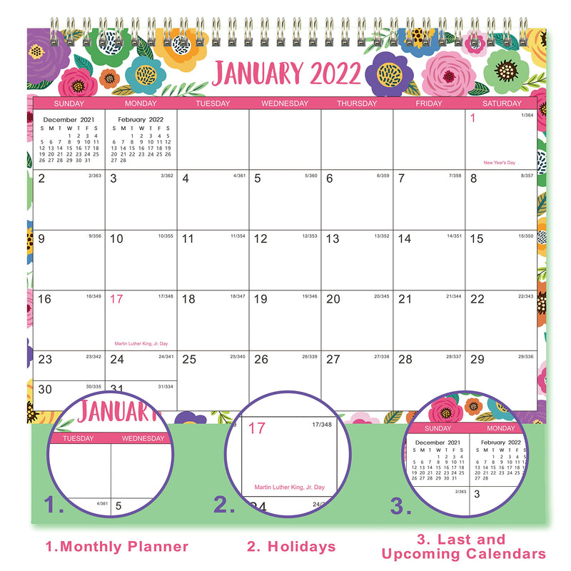  [AUSTRALIA] - Desk Calendar 2022- Standing Flip 2022 Desktop Calendar with Thick Paper, 10" x 8.3", Jan. 2022 - Dec. 2022, Memo Pages + Twin-Wire Binding + Large Unruled Blocks with Julian Date - Colorful Floral Multicolored