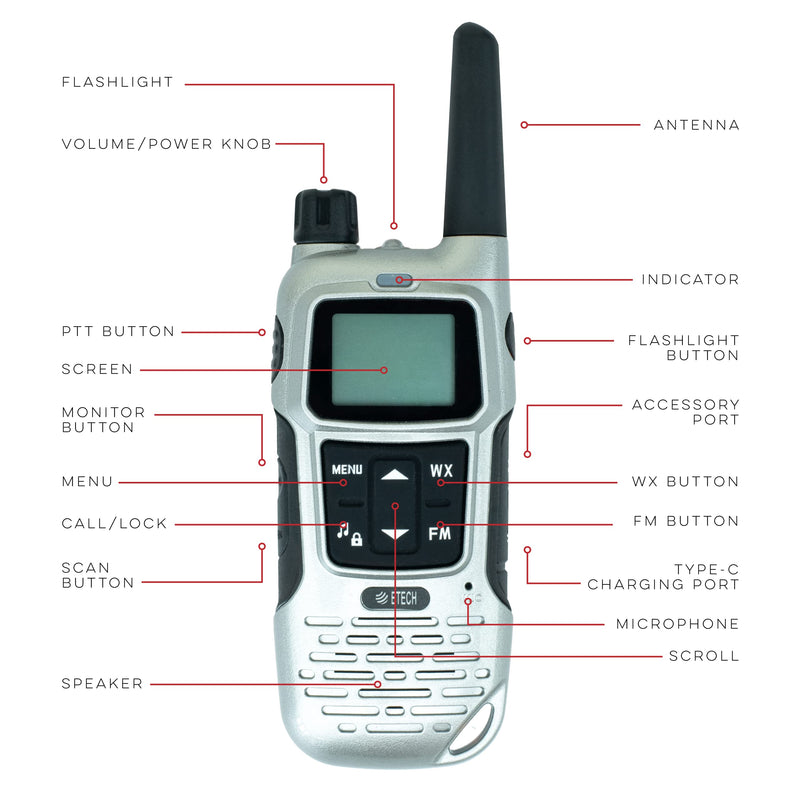  [AUSTRALIA] - BTECH FRS-A1 2 Pack FRS Silver Walkie Talkies, NOAA, High Output Two-Way Radio. USB-C Charging, Built in Flashlight, FM Radio, NOAA, and More