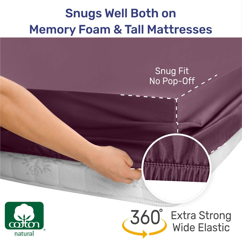  [AUSTRALIA] - 400-Thread-Count Twin XL Bottom Sheet - 1 Piece Natural Cotton Soft Plum Fitted Sheet Only, Breathable Sateen Weave, Elasticized Deep Pocket Fits Low Profile Foam and Tall Mattresses