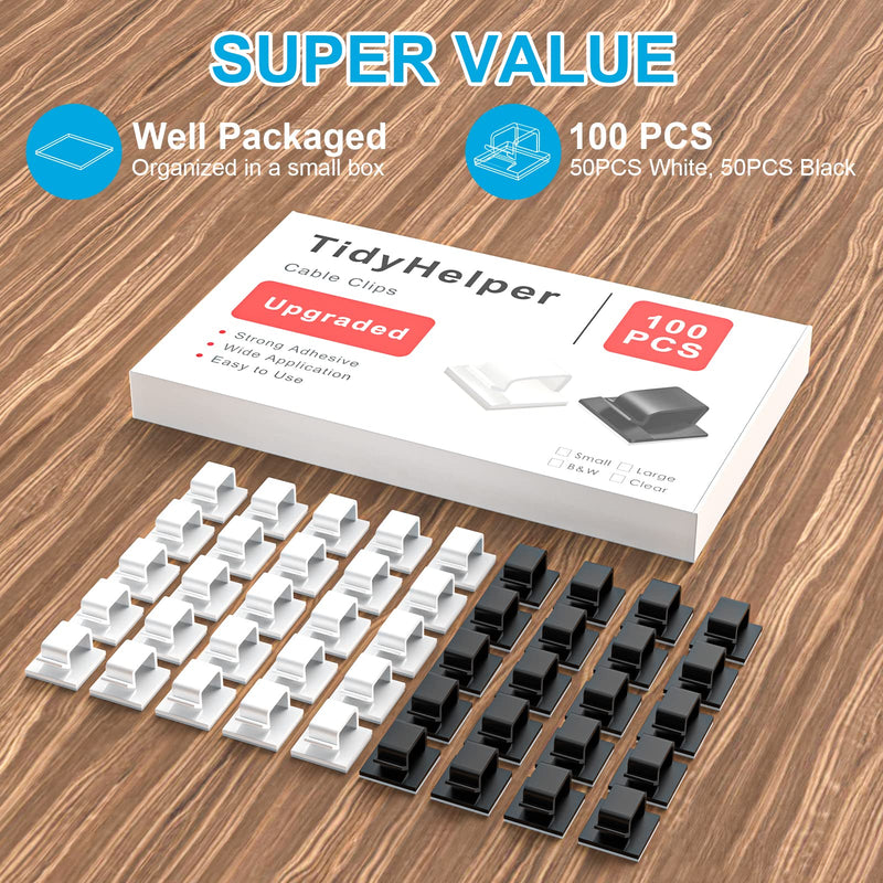  [AUSTRALIA] - 100 PCS Adhesive Cable Clips (Large, White&Black), Upgraded Wall Wire Holder Cord Organizer for Cable Management Under Desk, Light Clips Hooks for LED, HDMI, Eetension Cord, Powder Cable Large