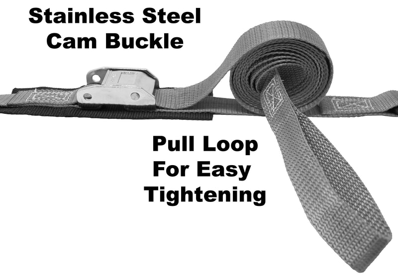  [AUSTRALIA] - 1 Inch Stainless Steel Cam Buckle Tie Down, Pull Loop for Easy Tightening, Vinyl Coated S Hook On Each End, Total Strap Length 8.5 Ft, Polyester Tie-Down Webbing. Gray