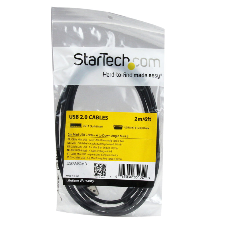  [AUSTRALIA] - StarTech.com Down Angle Mini USB Cable - 2m - Black - USB A to Mini USB B - USB to Mini USB Cable - Mini USB Charger - USB A to Mini B (USBAMB2MD) 6 ft / 2m