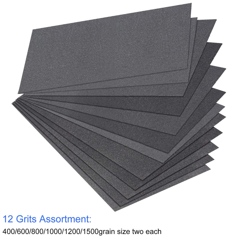  [AUSTRALIA] - Abrasive Dry Wet Waterproof Sandpaper Sheets Assorted Grit of 400/600/ 800/1000/ 1200/1500 for Furniture, Hobbies and Home Improvement, 12 Sheets (2.8 x 4.5 Inch) 2.8 x 4.5 Inch