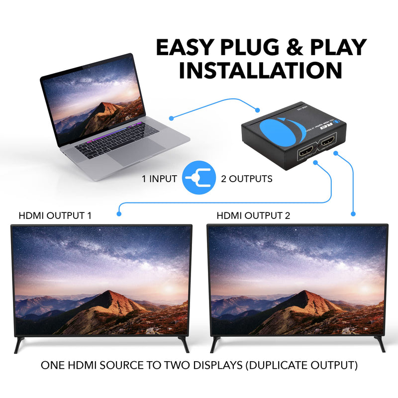  [AUSTRALIA] - OREI HDMI Splitter 1 in 2 Out 4K - 1x2 HDMI Display Duplicate/Mirror - Powered Splitter Full HD 1080P, 4K @ 30Hz (One Input To Two Outputs) - USB Cable Included - 1 Source to 2 Identical Displays