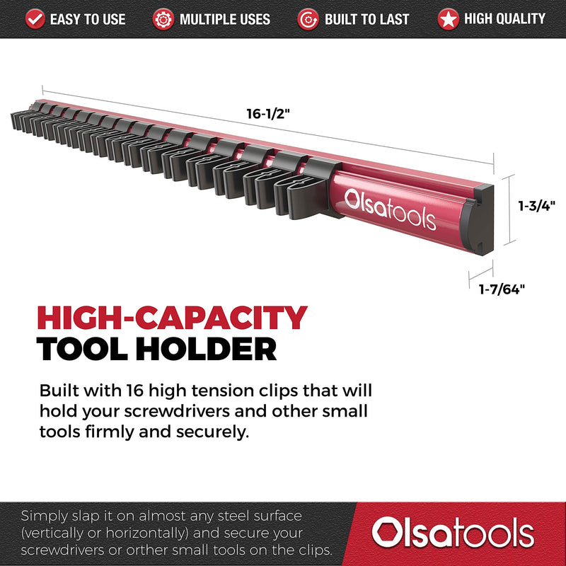 Olsa Tools Magnetic Screwdriver Organizer | Professional Quality Tool Holder | Fits up to 16 Screwdrivers | Red RED ORGANIZER / BLACK CLIPS - LeoForward Australia