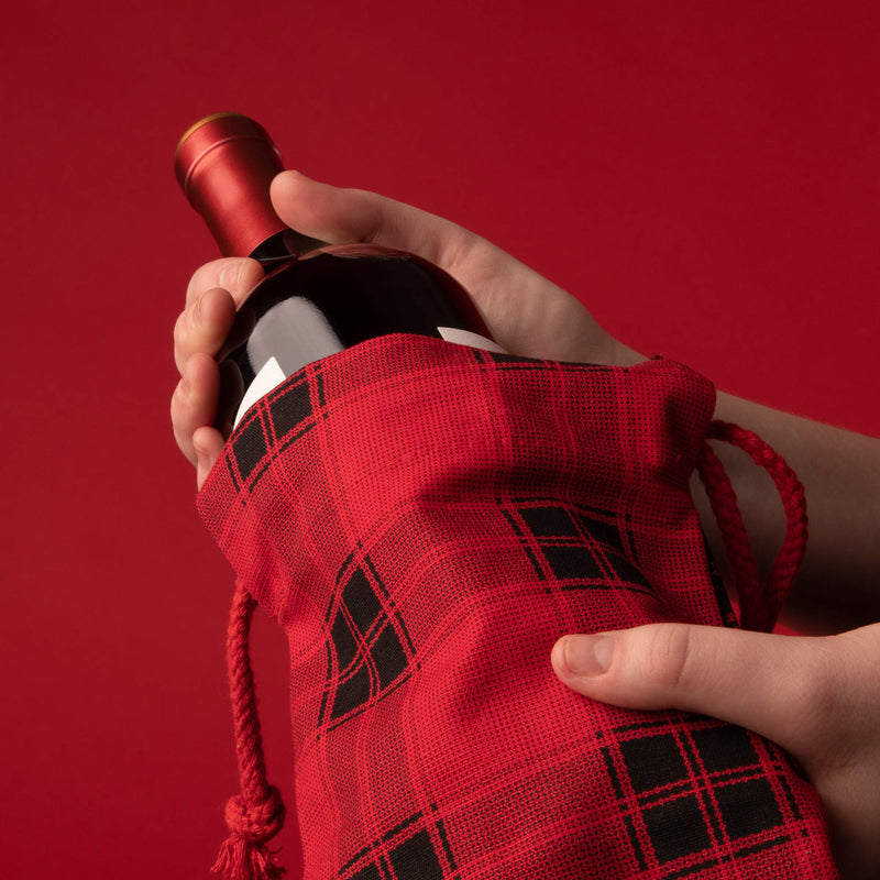  [AUSTRALIA] - Buffalo Plaid Wine Bottle Gift Bag for Christmas, New Years, Holiday Parties - 13" x 6" Classy Giftable Drawstring Wine Tote Cover and Carrier for Standard 12" Wine, Champagne, Bottled Beverages