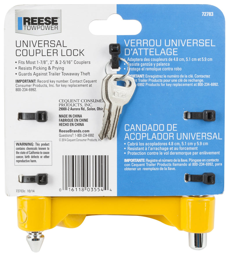  [AUSTRALIA] - REESE Towpower 72783 Universal Coupler Lock, Adjustable Storage Security, Heavy-Duty Steel, Yellow and Chrome 1