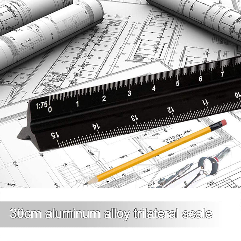 Triangular Scale Ruler 30cm Black Aluminum Alloy Metric Ruler 1:20 1:25 1:50 1:75 1:100 1:150 for Architect Drafting Engineer Measuring Tools - LeoForward Australia