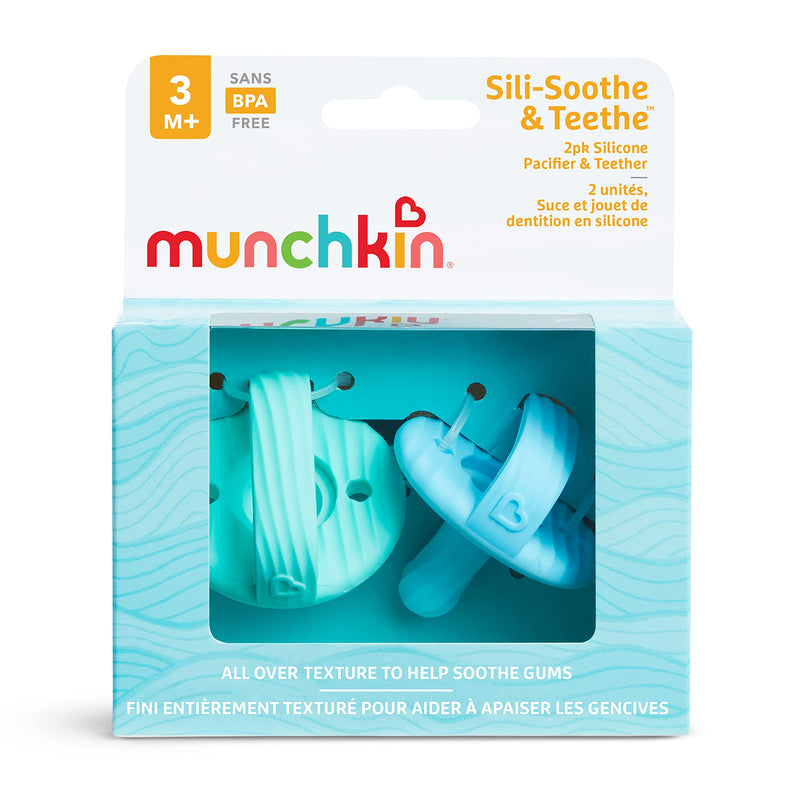 Munchkin Sili-Soothe & Teethe, Silicone Pacifier & Teether, 2 Pack, Blue/Green - LeoForward Australia