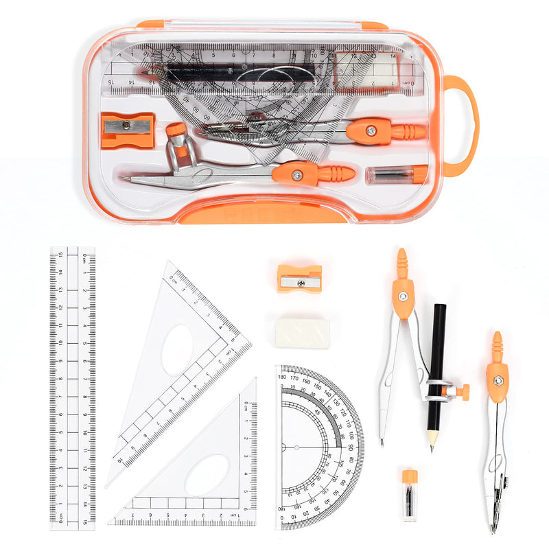 Unjoo Math Geometry Kit Sets 10 Piece Student Supplies with Shatterproof Storage Box,Includes Rulers,Protractor,Compass,Eraser,Pencil Sharpener,Lead Refills,Pencil,for Drafting and Drawings（Orange） Orange - LeoForward Australia