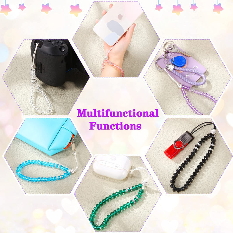  [AUSTRALIA] - 6 Pieces Beaded Cell Phone Lanyard Short Hand Wrist Lanyard Strap Bling Crystal Beads Mobile Phone Lanyard Chain for Girl Women Cell Phone Keychain Purse Camera, White Black Pink Blue Purple Green