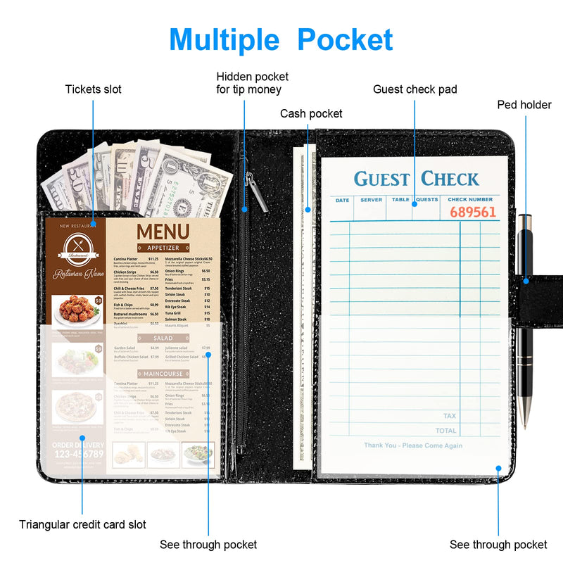  [AUSTRALIA] - Server Book for Waitress - Leather Waiter Book Organizer with Zipper Pocket, Bling Waitress Money Wallet and Pen Holder, Guest Check Presenter with Magnetic Closure, Restaurant Waitstaff Organizer, Glitter Black