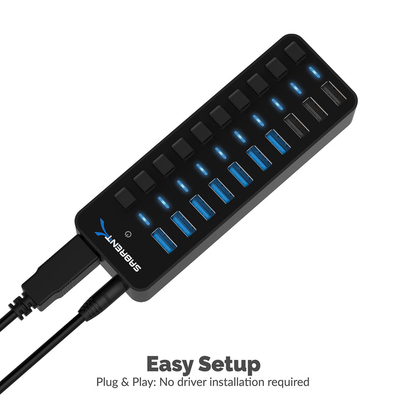 Sabrent 60W 10-Port USB 3.0 Hub Includes 3 Smart Charging Ports with Individual Power Switches and LEDs + 60W 12V/5A Power Adapter (HB-B7C3) 7 + 3 Charging Ports - LeoForward Australia