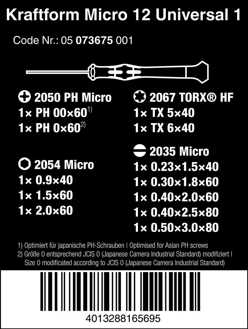  [AUSTRALIA] - Wera Kraftform Micro Screwdriver Set 12: 5 Slot 2 Ph 3 Hex 2 TX -