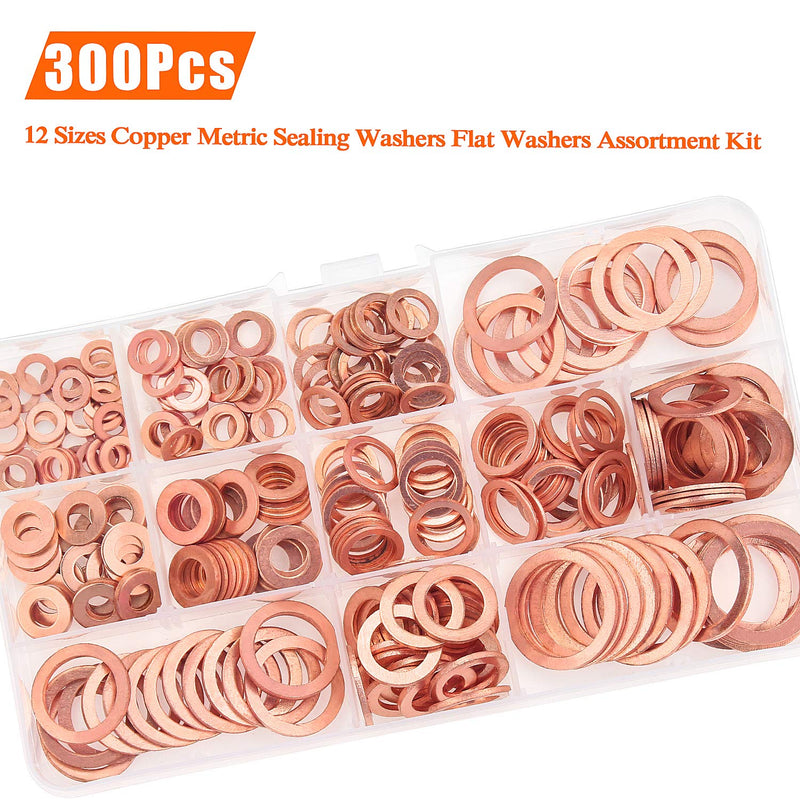  [AUSTRALIA] - Copper Washer Assortment Set, HELIFOUNER 300 Pieces 12 Sizes Copper Metric Sealing Washers Kit Copper Washers Set