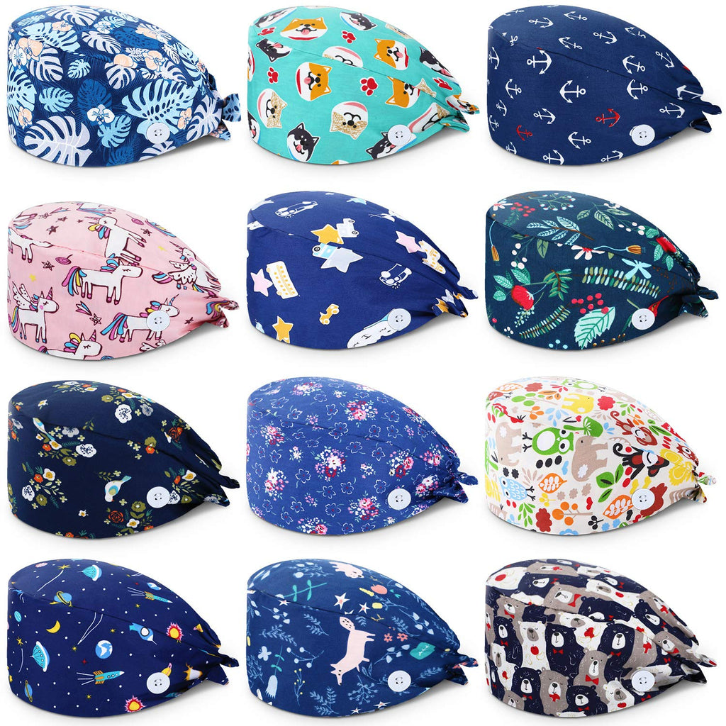  [AUSTRALIA] - 12 pieces unisex full cap with buttons, colorful printed tie-back cap with sweatband for women and men