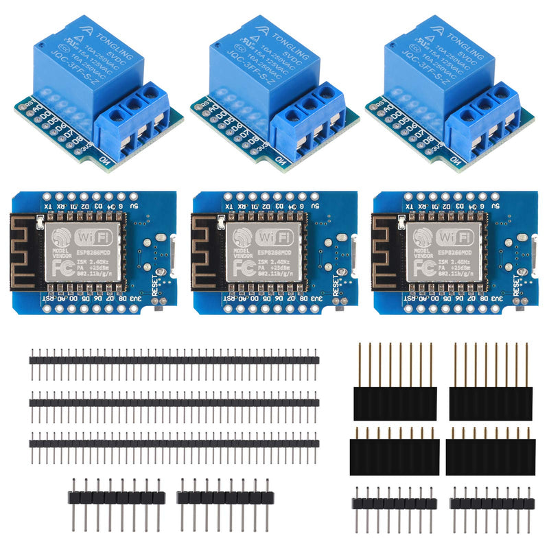  [AUSTRALIA] - Dorhea ESP8266 ESP-12 NodeMcu D1 Module WeMos Lua 4M Bytes WLAN WiFi Internet Development Board + Relay Shield + 2.54mm 40Pin Single Row Male Pin Header - 3Set