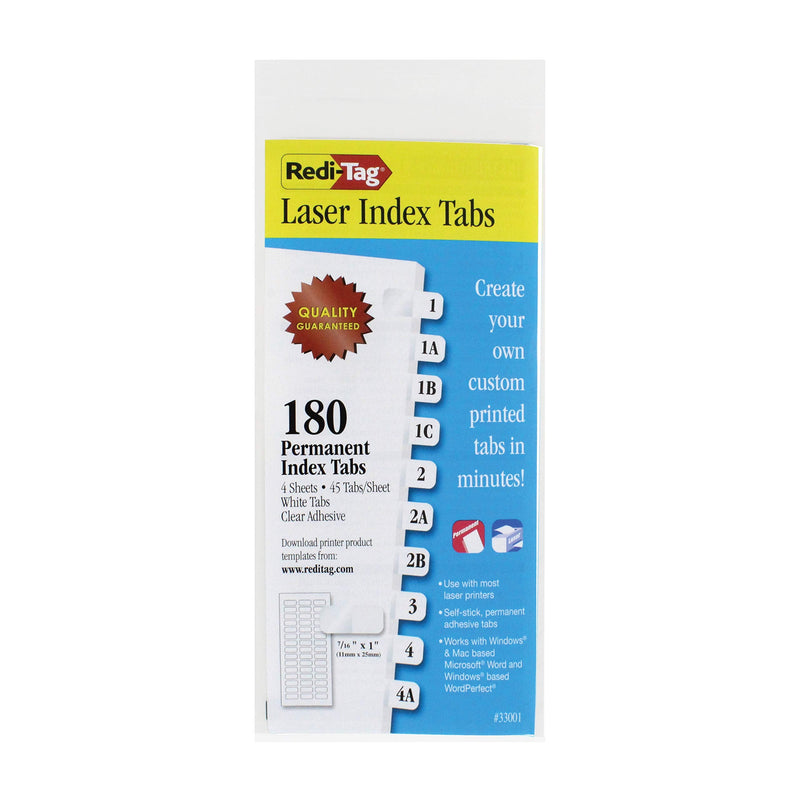  [AUSTRALIA] - Redi-Tag, RTG33001, Laser Printable Index Tabs, 180 / Pack, White 7/16" x 1" - 180 Tabs