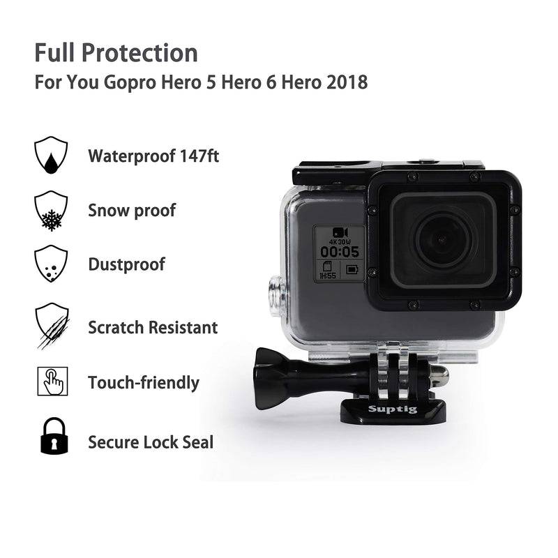  [AUSTRALIA] - Suptig Case Housing Waterproof Case for Gopro Hero 7 Black Gopro Hero 5 Gopro Hero 6 Gopro Hero 2018 Action Camera Waterproof 147ft(45Meters)