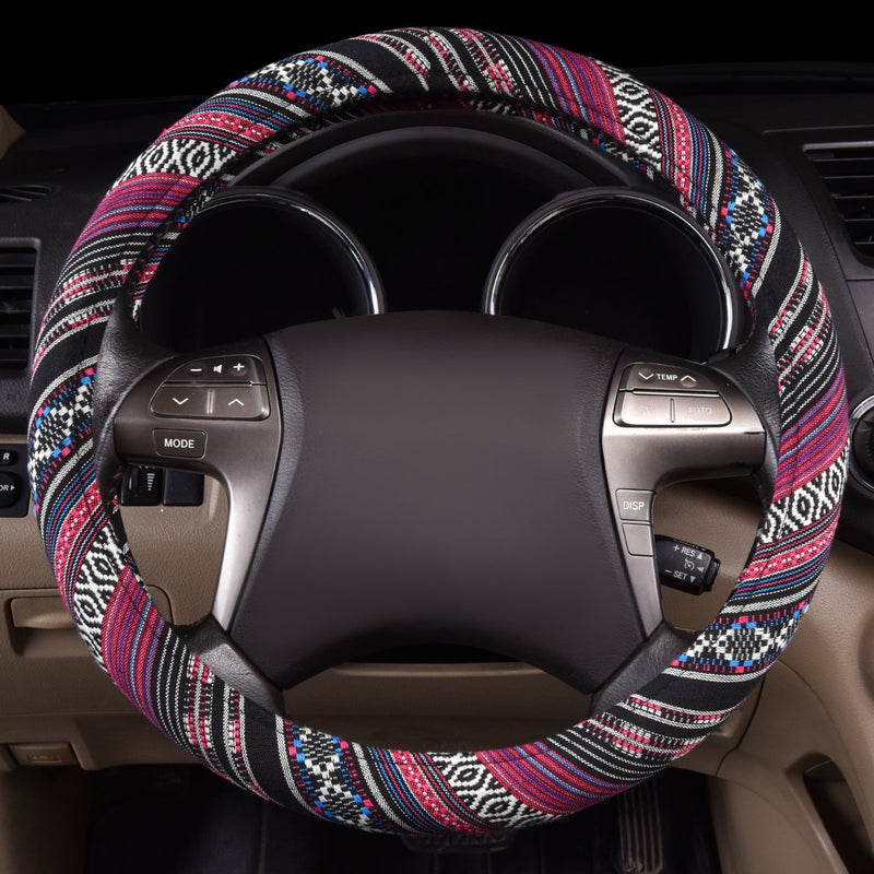  [AUSTRALIA] - CAR PASS Pretty Ethnic Style Flax Cloth Universal fit Steering Wheel Cover, for Most of Vehicles,Cars,SUV,Vans,Fashionable and Anti-Slip Design