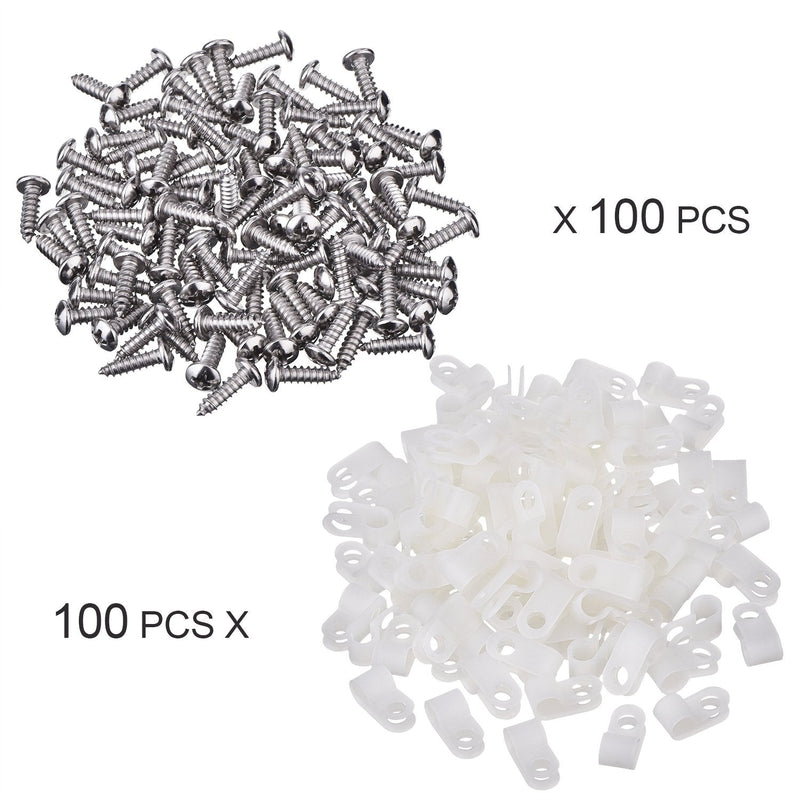  [AUSTRALIA] - Hicarer 100 Pack 1/4 Inch R-type Clip Cable Fastener Wire Clamp Nylon Screw Mounting Electrical Grip Wire Clips with 100 Pack Screws for Wire Management