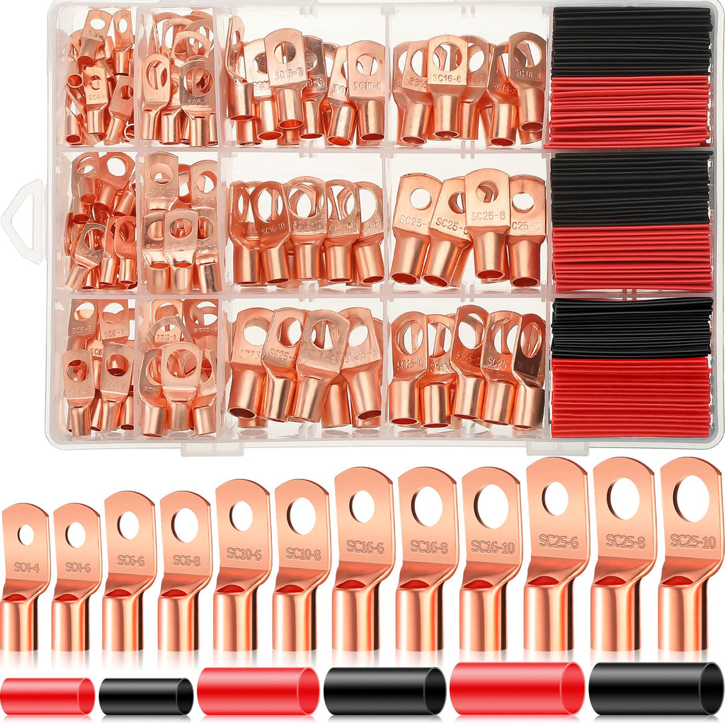  [AUSTRALIA] - 400 Pcs Copper Wire Lugs with Heat Shrink Set, AWG2 4 6 8 10 12, 200 Pcs Battery Cable Ends Rings Terminal Connectors Wire Lugs with 200 Pcs Heat Shrink Tubing Assortment Kit, Battery Cable Lugs