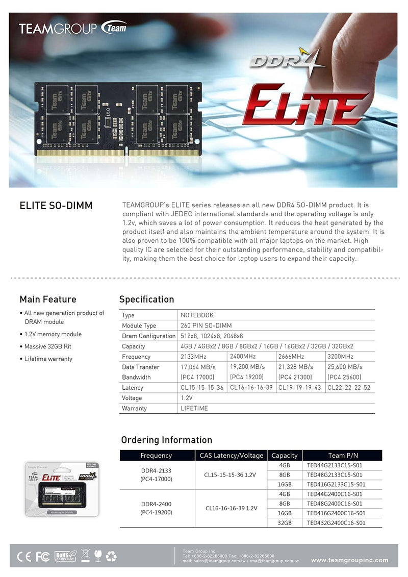  [AUSTRALIA] - TEAMGROUP Elite 16GB Kit (2 x 8GB) DDR4 2400MHz PC4-19200 CL16 Unbuffered Non-ECC 1.2V SODIMM 260-Pin Laptop Notebook PC Computer Memory Module Ram Upgrade - TED416G2400C16DC-S01 16GB Kit (2x8GB)