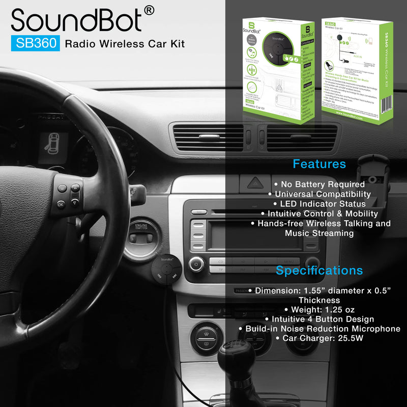  [AUSTRALIA] - SoundBot SB360 Bluetooth Car Kit Hands-Free Wireless Talking & Music Streaming Dongle w/ 10W Dual Port 2.1A USB Charger + Magnetic Mounts + Built-in 3.5mm Aux Cable …