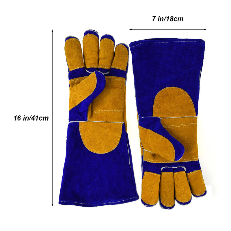  [AUSTRALIA] - NKTM Leather Welding Gloves EXTREME HEAT RESISTANT & WEAR RESISTANT - For Tig Welders/Mig/Fireplace/Stove/BBQ/Gardening, Blue - 16In