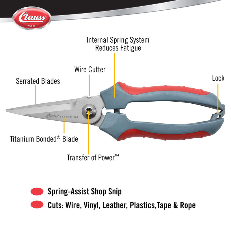  [AUSTRALIA] - Clauss 8" Titanium Snips with Wire Cutter, Spring-Assist, Serrated Blades, Gray (18039)