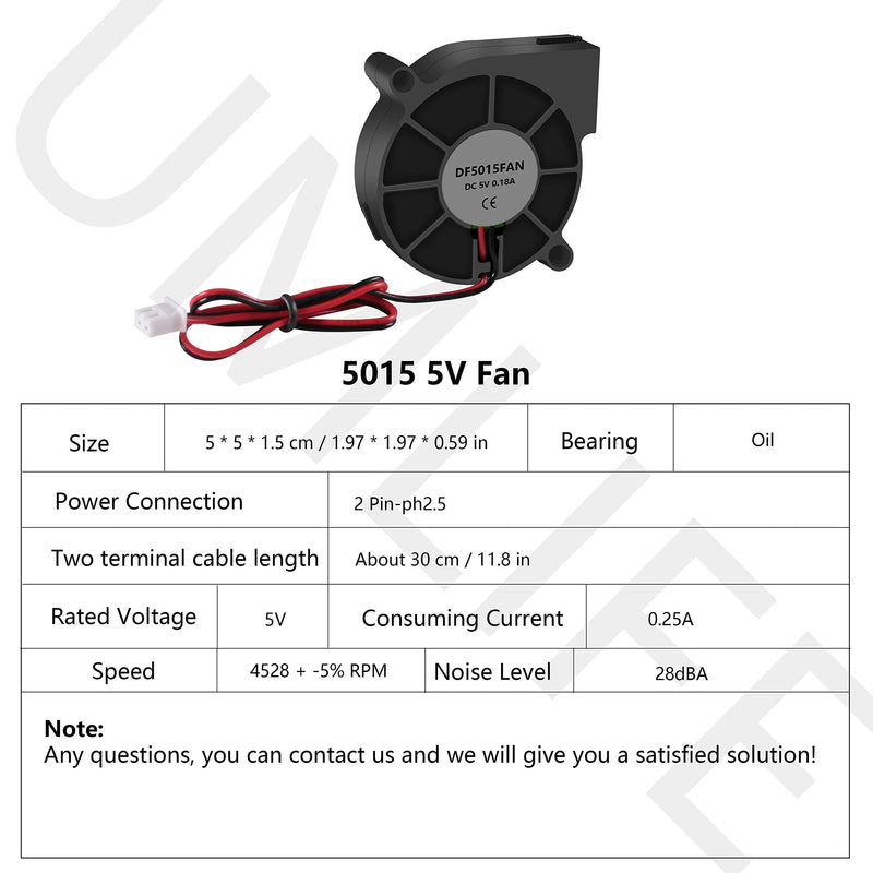  [AUSTRALIA] - 4PCS 5015 Fan 5V Blower Cooling Fan 50x50x15mm Fan with 2 Pin Terminal for 3D Printer Hotend Extruder Heat Sinks Humidifier Aromatherapy Repair Replacement(5V 0.25A)