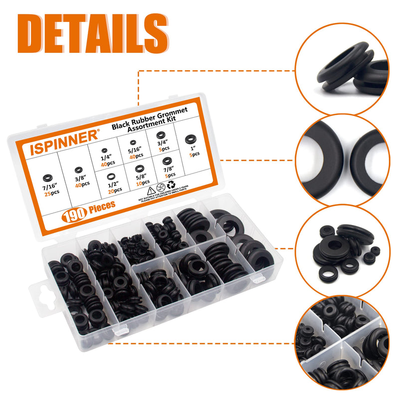  [AUSTRALIA] - ISPINNER 190pcs Rubber Grommet Assortment Kit, 9 Sizes Eyelet Ring Gasket 1/4" 5/16" 3/8" 7/16" 1/2" 5/8" 3/4" 7/8" 1" (Black) Black