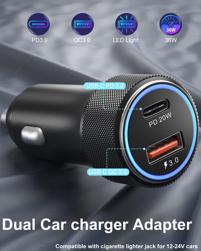  [AUSTRALIA] - USB C Car Charger 2-Pack, Eversame 36W PD3.0 & QC3.0 Dual USB Fast Car Charger Adapter for Samsung Galaxy S22/S21/Google Pixel 6/iPhone 14/14 Pro Max/14 Pro/14 Plus/13/12/iPad Pro-6FT C-C Cable-Black Black