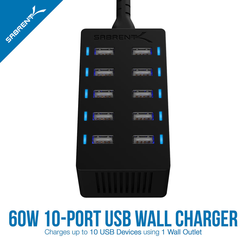 Sabrent 60 Watt (12 Amp) 10-Port Family-Sized Desktop USB Rapid Charger. 6 Micro USB Cables [X3-3foot. and X3-1foot] Black (AX-TU63) - LeoForward Australia