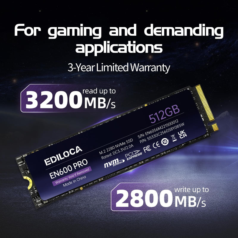  [AUSTRALIA] - Ediloca EN600 PRO SSD 512GB PCle 3.0x4, NVMe M.2 2280, Up to 3200MB/s, Internal Solid State Drive, SLC Cache 3D NAND TLC, Graphene Cooling Sticker, Storage for PC, Desktop and Laptops EN600 pro_PCIe 3.0_3500MB/s