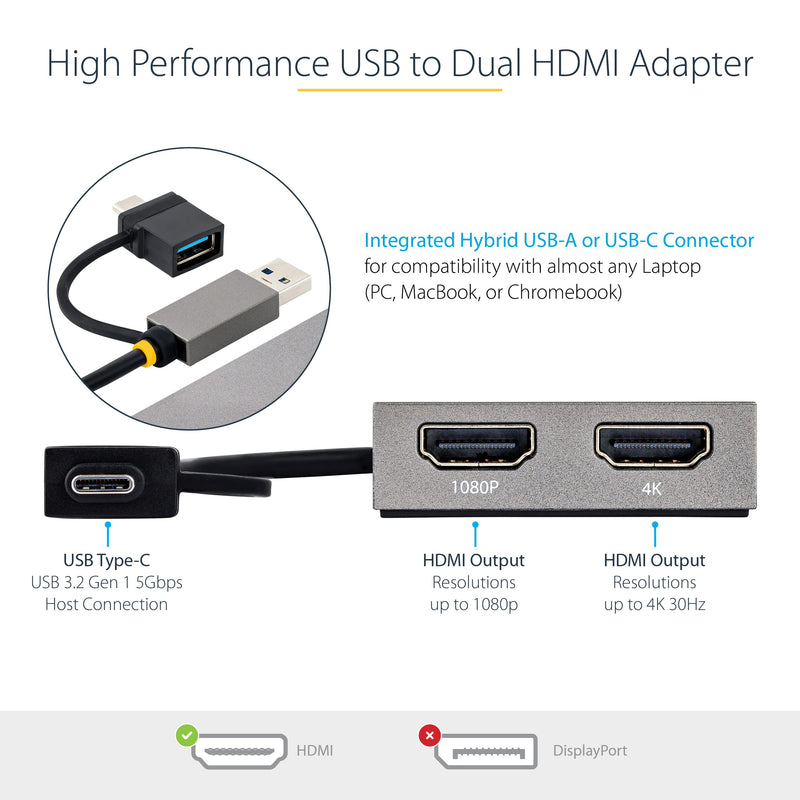  [AUSTRALIA] - StarTech.com USB 3.0 or USB-C to Dual HDMI Adapter for Windows & macOS, 2x HDMI Displays (1x 4K30Hz, 1x 1080p), Integrated USB-A to C Dongle, 4in/11cm Cable (107B-USB-HDMI) 2x HDMI | USB 3.0 | Mac & Windows OS